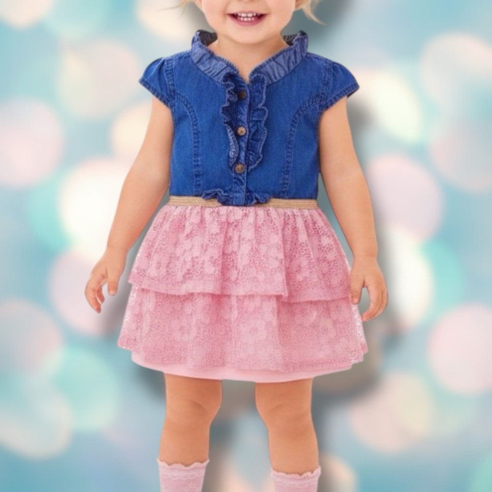 Nanette Lepore Baby Girl’s Pink Blue Denim Lace Ruffle Dress Size 24 Months